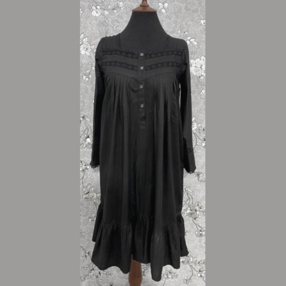 SoieRose Victorian Nightgown - Black, 100% Cotton with Lace Accent - SR-1068